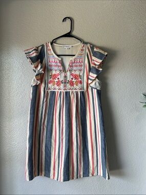 THML Navy Cream Striped Embroidered Flutter Sleeve Mini Dress Sz S Lined